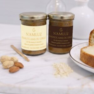 Pack découverte, 2 pots d'Amlou de 250g (amandes et cacahuètes). Pâte à tartiner artisanales marocaine. Ingrédients naturels, miel d'oranger, huile d'argan et fruits à coques torréfiés.