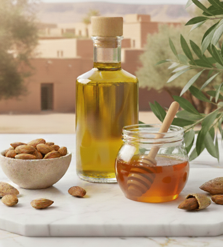 présentation des ingrédients de l'amlou aux amandes, miel, huile d'argan et amandes. Amlou de N'Amlouz
